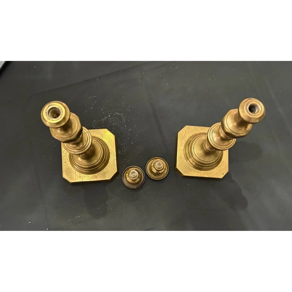 Pair Heavy Solid Brass Candlestick Holders Vintage Turned Colonial Style 8.5